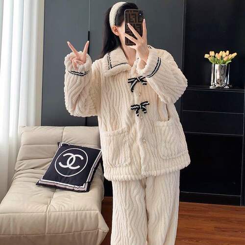蝴蝶结珊瑚绒睡衣女款冬加厚加绒保暖法兰绒甜美开衫两件套家居服