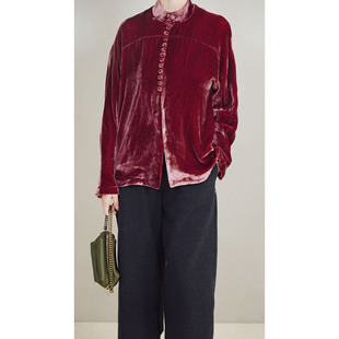 东方美人 丝绒肌理感廓形衬衫髙级气质文艺书卷气前排扣长袖上衣