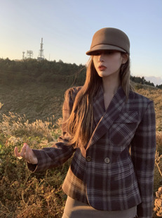 soolrok 单面呢格纹收腰西装 外套女设计感气质短款 上衣 松未韵一