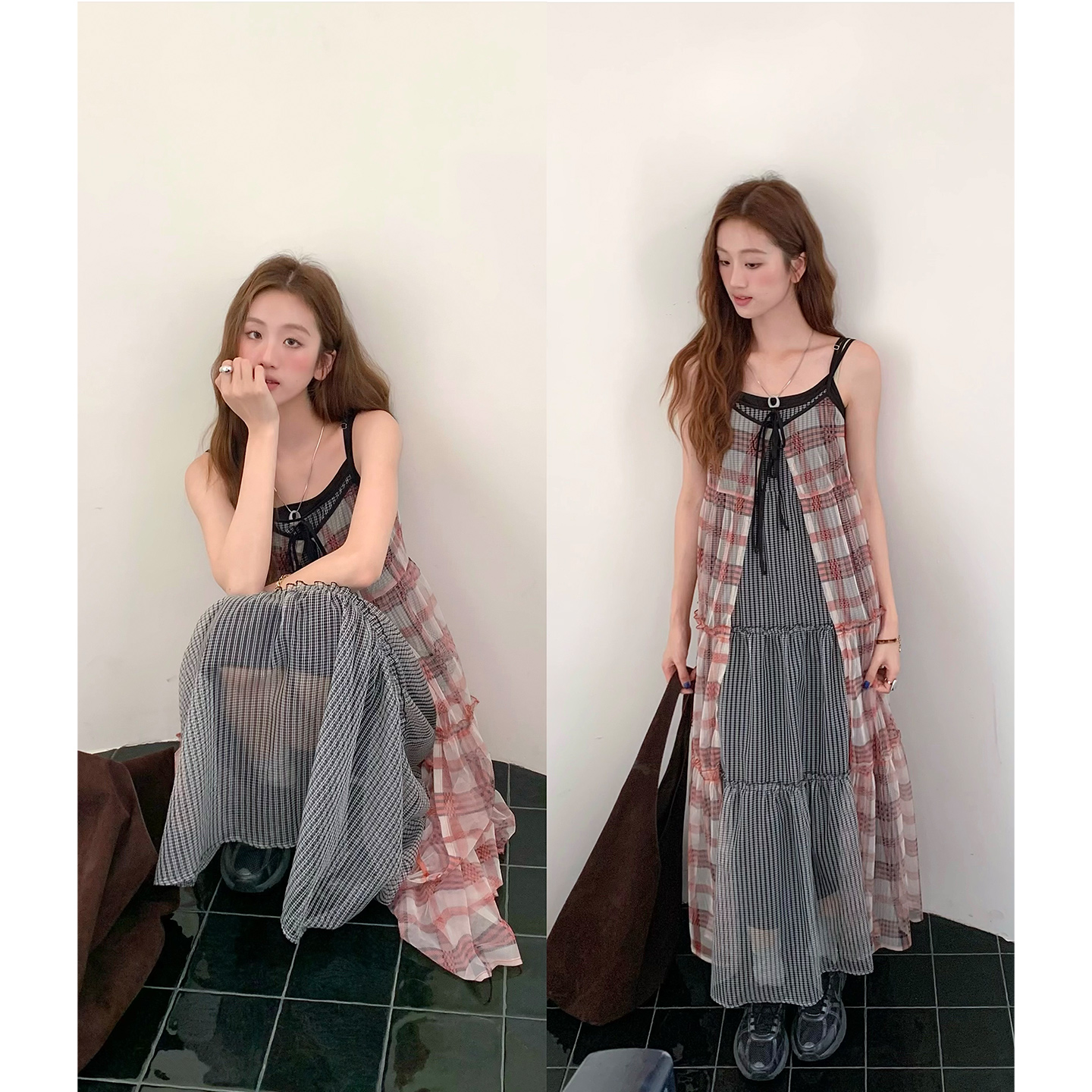 soolrok 松未韵一 韩系层次感格纹吊带连衣裙女小众垂感显瘦长裙
