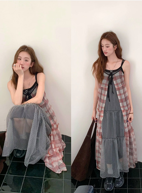 soolrok 松未韵一 韩系层次感格纹吊带连衣裙女小众垂感显瘦长裙