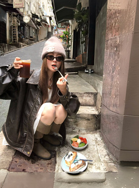 soolrok 松未韵一 美式复古皮衣短外套女擦色宽松显瘦哑光上衣