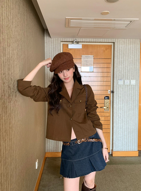 soolrok 松未韵一  落日铁轨 复古翻领咖色正肩短款气质夹克外套