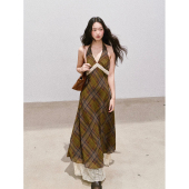 soolrok松未韵一本期必入 超显瘦复古蕾丝拼接雪纺格纹挂脖连衣裙