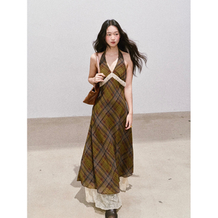 soolrok松未韵一本期必入 超显瘦复古蕾丝拼接雪纺格纹挂脖连衣裙