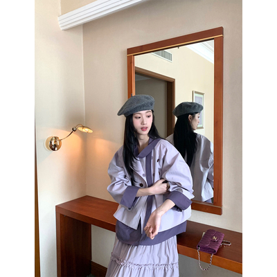 松未韵一紫色设计感圆领夹克上衣