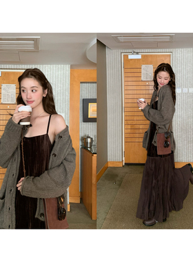 soolrok 松未韵一  托卡斯午后  圆领卷边灰驼色羊毛针织开衫外套