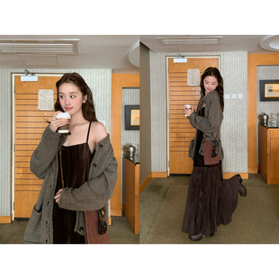 soolrok 松未韵一  托卡斯午后  圆领卷边灰驼色羊毛针织开衫外套