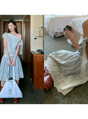 soolrok 松未韵一   系带一字肩上衣刺绣镂空长裙中裙三件套装