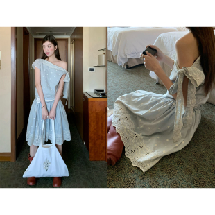 系带一字肩上衣刺绣镂空长裙中裙三件套装 soolrok 松未韵一