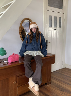 【限时9折】soolrok 松未韵一 巧克力棕抓绒牛仔裤宽松高腰直筒裤