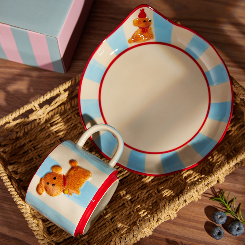 手绘铃铛小狗马克杯早餐杯盘礼盒