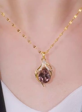 轻奢钛钢紫色水晶几何项链气质时尚百搭小众设计感网红锁骨链颈链