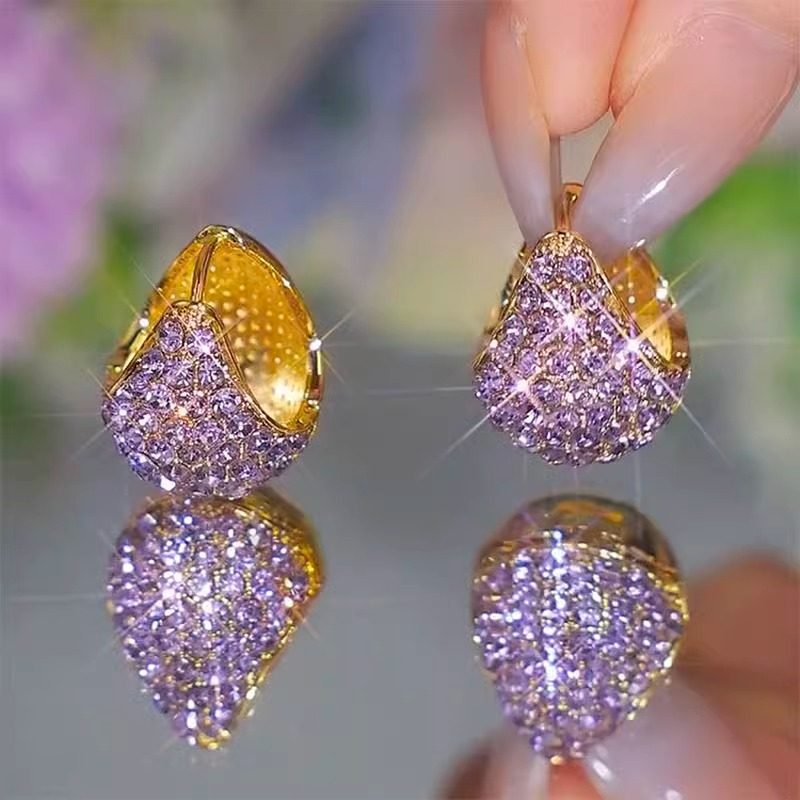 韩系法式高档耳环紫色镶钻超闪耳扣高级感网红时尚名媛风耳环耳饰