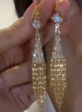 克拉之恋锆石耳环气质奢华长款交叉流苏耳坠小众设计百搭时尚耳饰