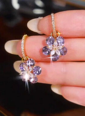 轻奢高级感紫色锆石花朵耳扣耳环2026新款百搭甜美夏季小清新耳饰