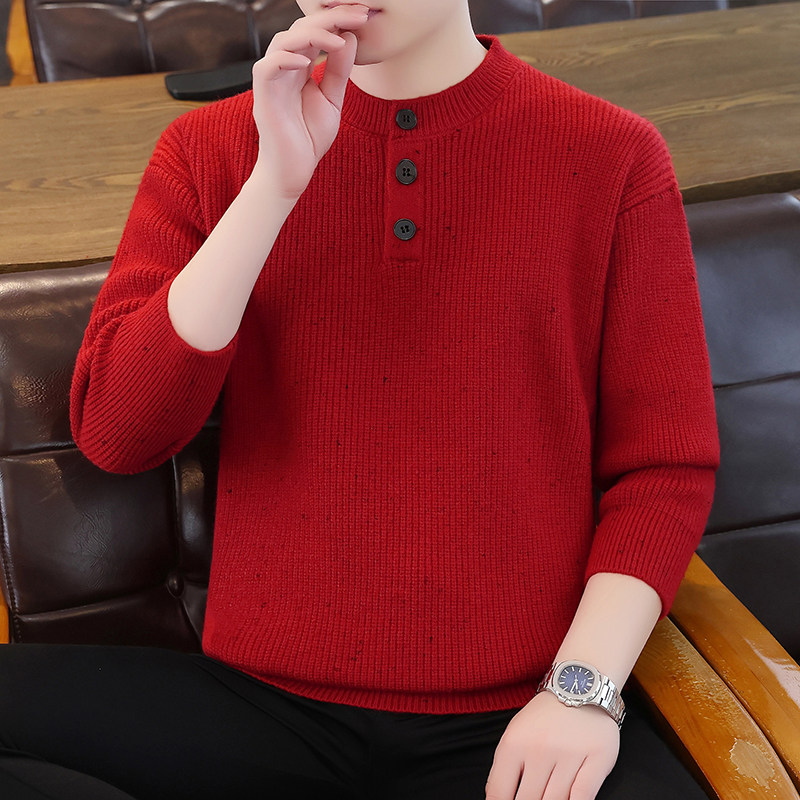喜庆毛衣男亨利领红色套头针织衫