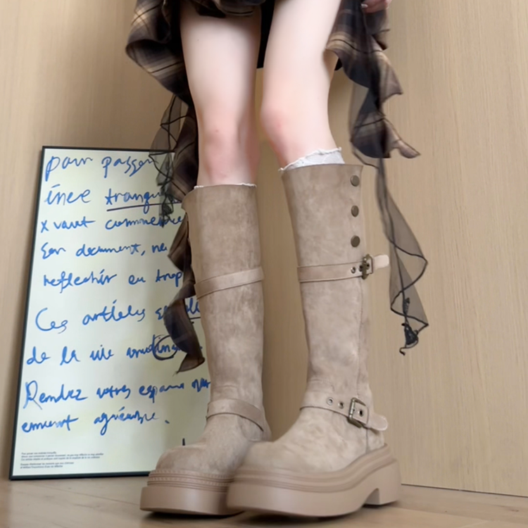 2026春季新款时装靴女鞋松糕底四季通用圆头PU套筒骑士靴中跟,女鞋,时装靴,淘宝优惠券,粉丝福利购,淘宝优惠卷