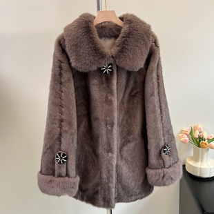 妈妈冬装皮毛一体大衣中长款外套中老年女装秋冬仿水貂小个子上衣