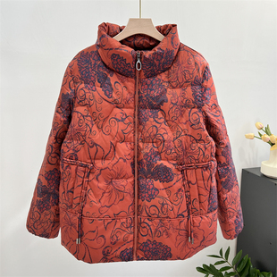 奶奶装冬装白鸭绒羽绒服女中老年人新款冬季花色小个子短款妈妈装