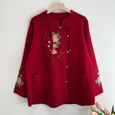 中式国风奶奶秋装针织毛衣外套