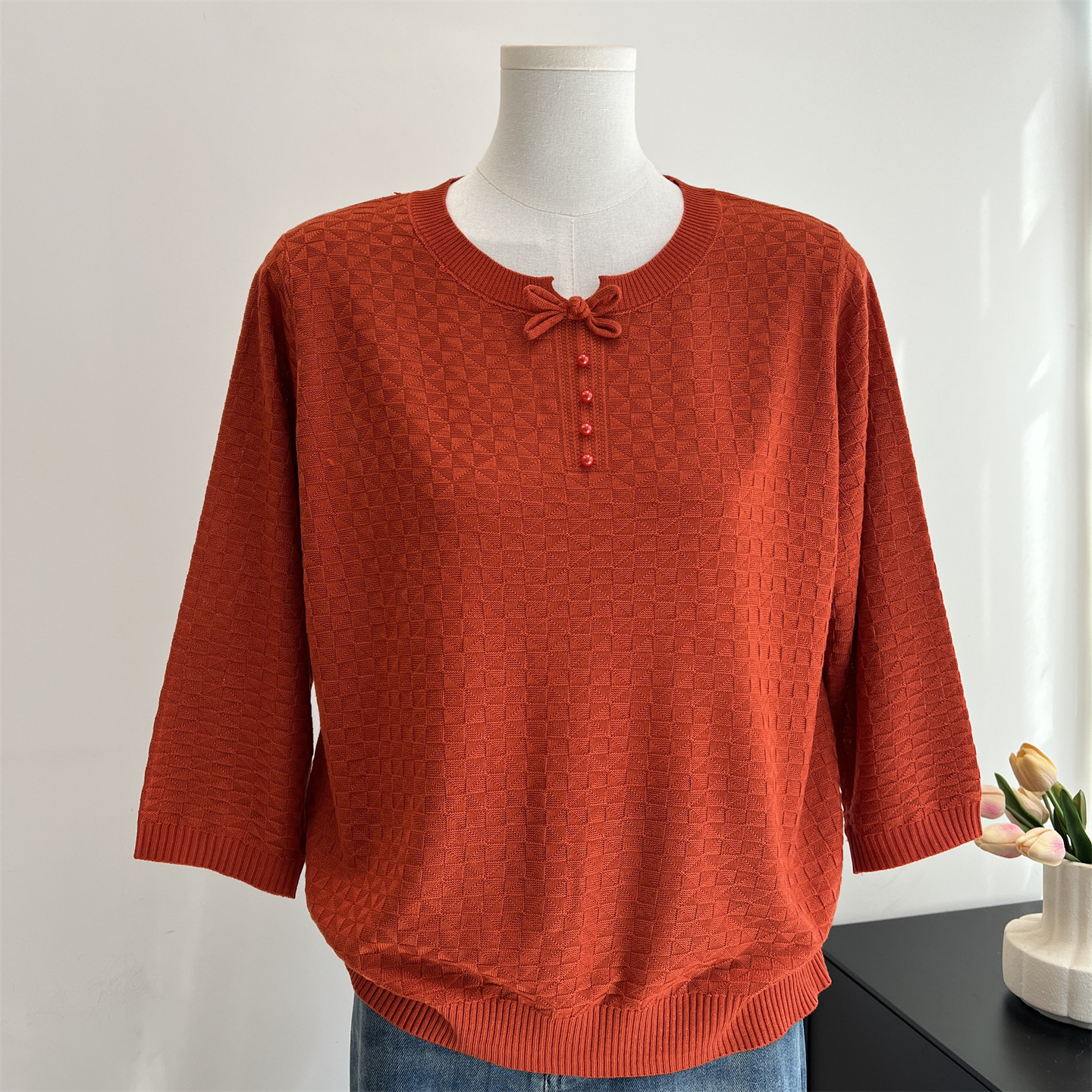 妈妈春装2026新款早春七分袖针织小衫中老年女装半袖T恤薄款上衣