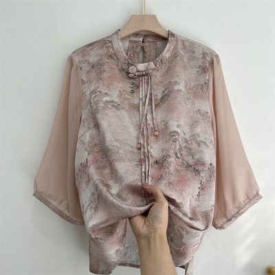 奶奶装夏季真丝T恤妈妈洋气上衣