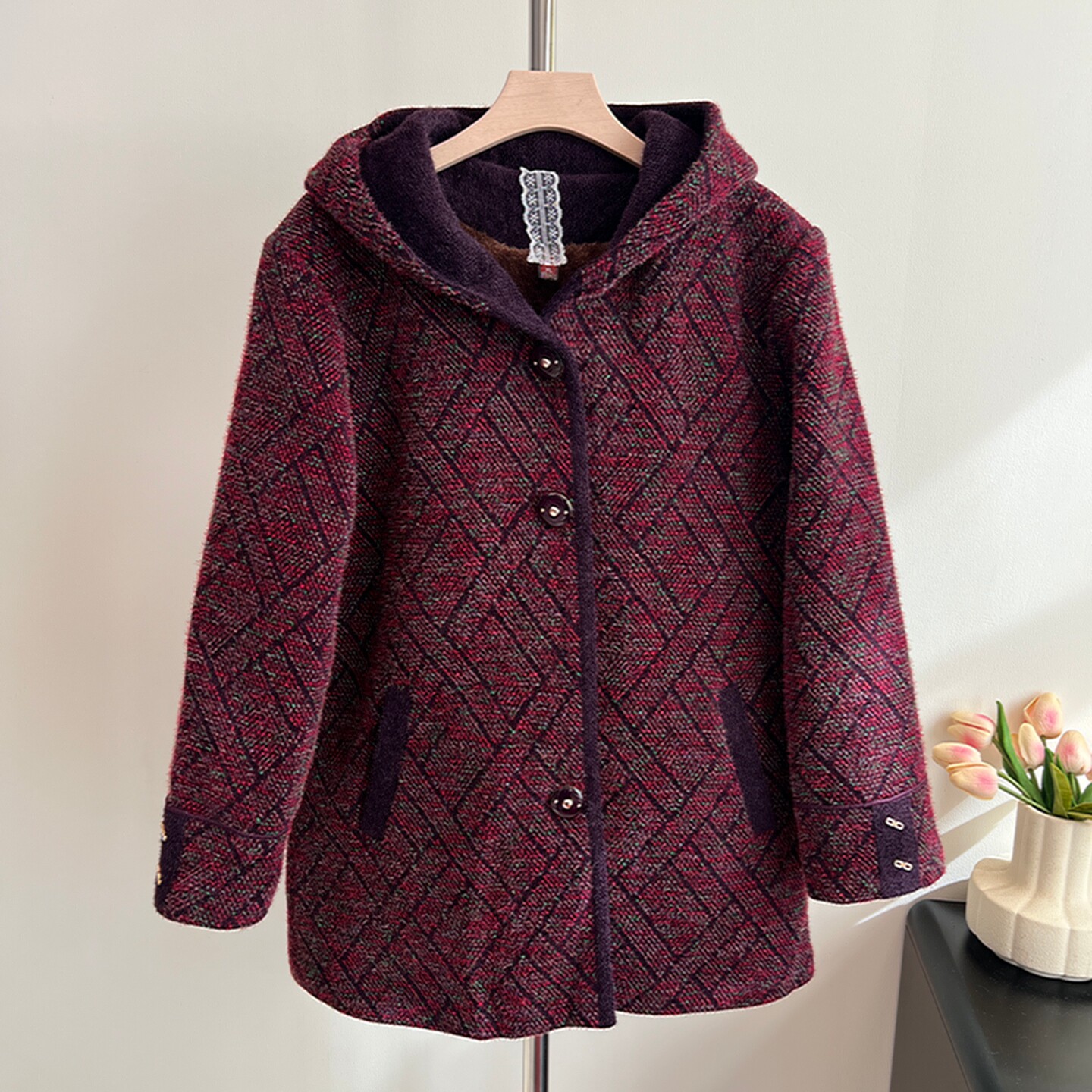 妈妈秋冬加绒加厚外套女连帽仿水貂绒大衣高贵洋气老年人奶奶保暖