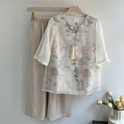 郭贵人新中式妈妈夏装雪纺套装