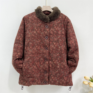 奶奶冬装短款毛领外套老年人棉袄女碎花上衣小个子妈妈洋气棉衣服