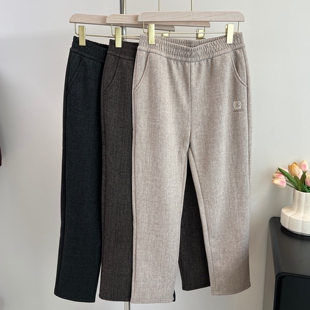 中老年女裤妈妈秋冬加绒加厚裤子毛呢高腰直筒裤小个子奶奶款长裤