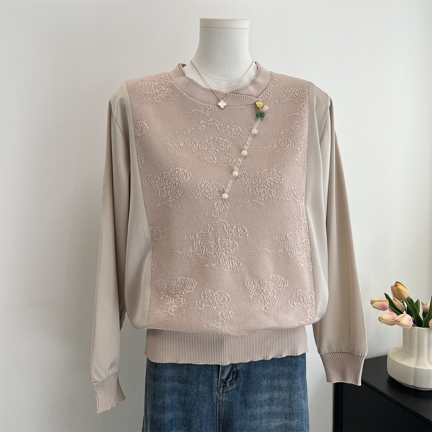 中式国风妈妈春装薄款针织上衣服2026新款中老年女装早春长袖T恤