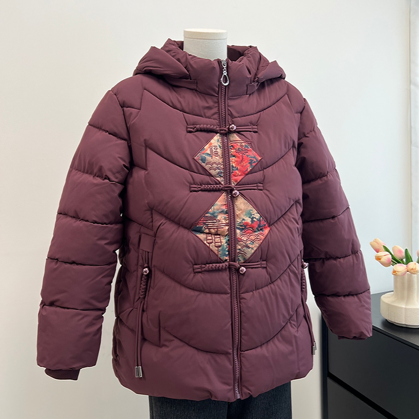 妈妈冬装外套棉衣中老年女装新中式加绒加厚保暖棉服奶奶连帽外套