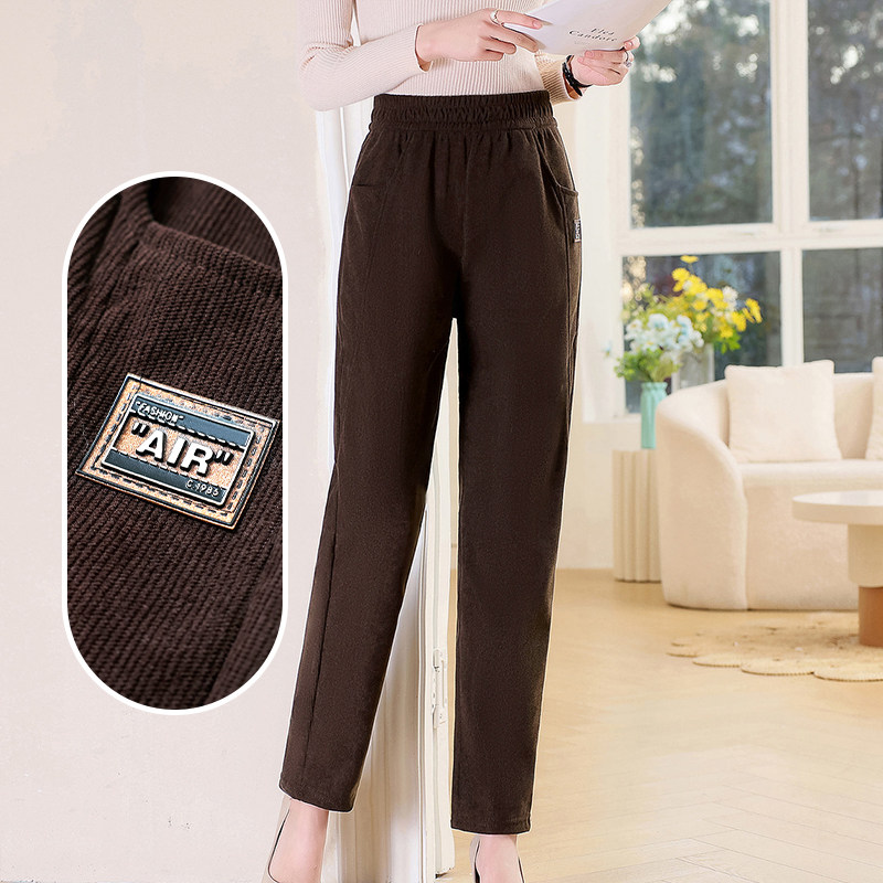 妈妈裤子秋冬灯芯绒中老年女裤松紧高腰宽松老人婆婆直筒条绒长裤