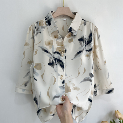 妈妈装中袖印花雪纺衬衫女夏