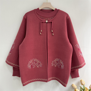 妈妈秋装新中式国风外套新款中老年女装奶奶秋冬针织毛衣两件套装