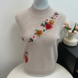 中老年绣花针织上衣 半高领打底衫 100%纯羊毛衫 女毛衣妈妈秋冬新款