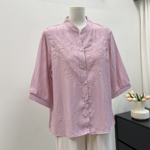 妈妈夏装洋气仿棉麻衬衫新款中老年人女五分袖上衣奶奶阔腿裤套装