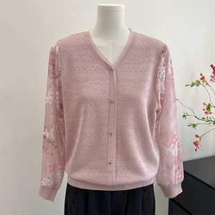 秋装 洋气奶奶长袖 纱袖 春秋季 v领上衣服 T恤中老年女装 中年妈妈薄款