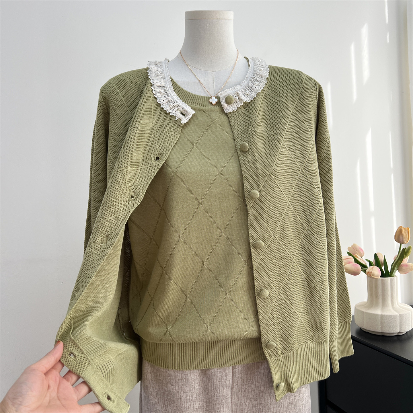 妈妈春装两件套上衣2026新款针织开衫外套中老年女装夏季短袖T恤