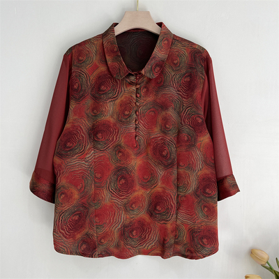 老年妈妈夏装洋气真丝中袖上衣T