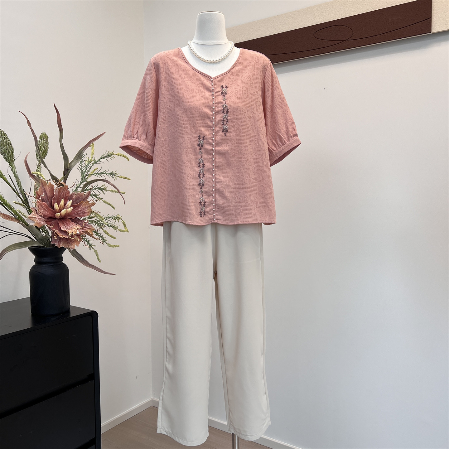 中老年妈妈夏装仿棉麻T恤套装