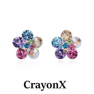 CrayonX原創設計重工立體鏤空彩色花朵橄欖綠銀針鋯石耳飾