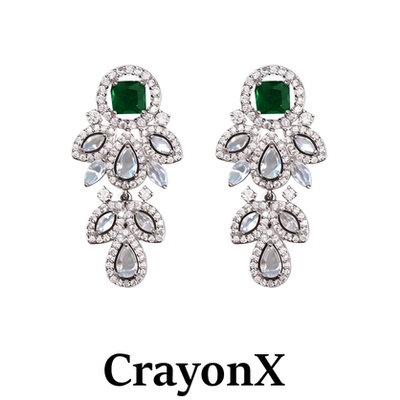 CrayonX花瓣绿锆石长款耳环