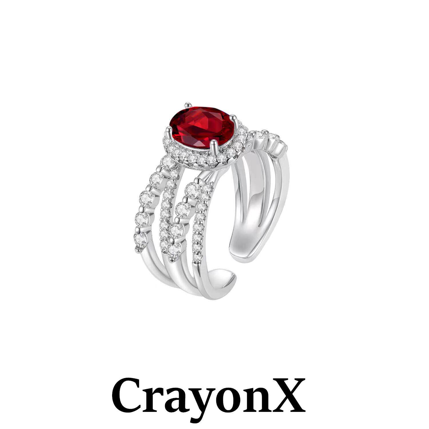 CrayonX人造红宝石戒指女925银镶钻开口戒指轻奢高级感