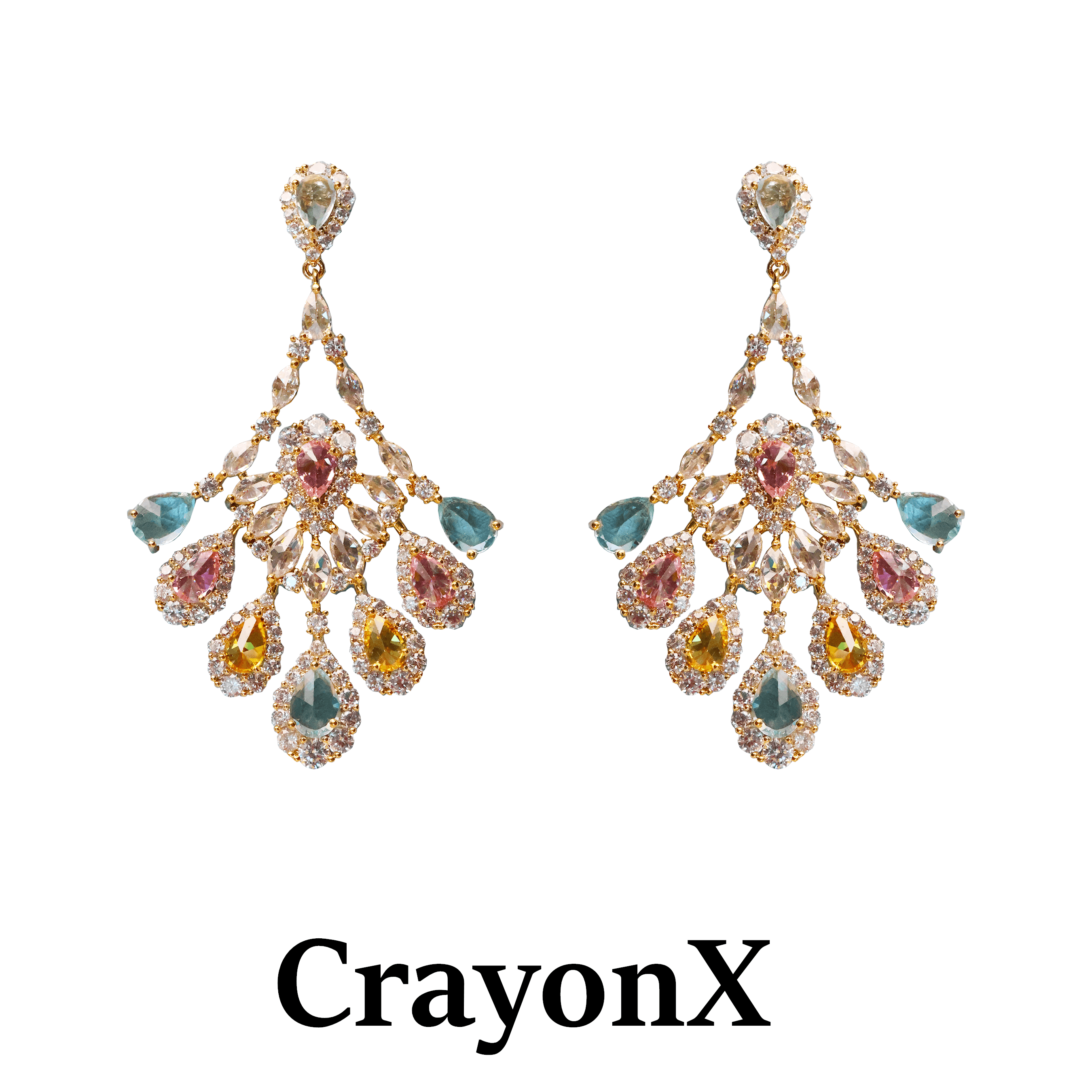 CRAYONX 国风彩色镂空扇面 吊坠显脸小 设计师锆石银针耳饰