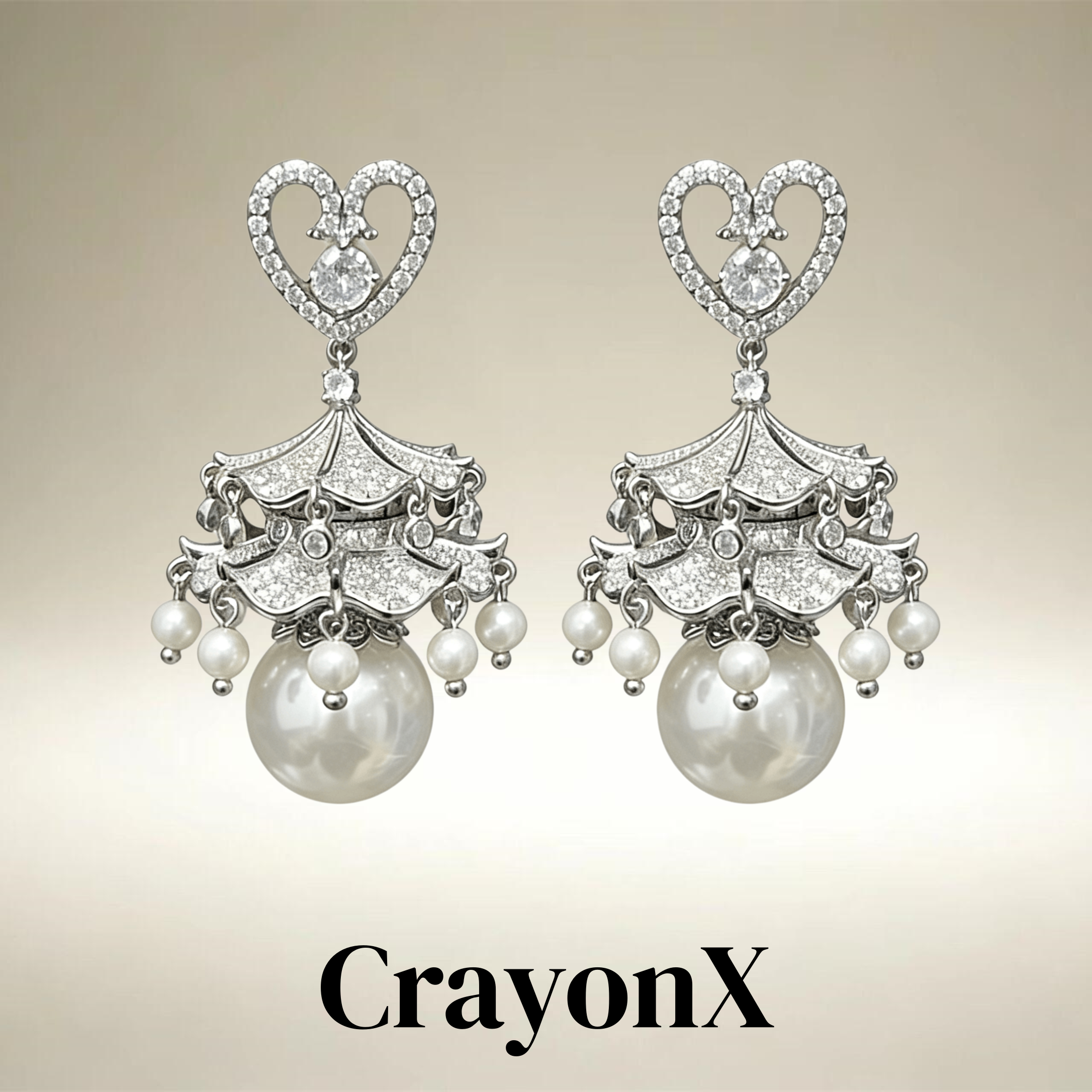 CrayonX国风亭台楼阁立体爱心珍珠耳环女高级感轻奢锆石流苏耳饰