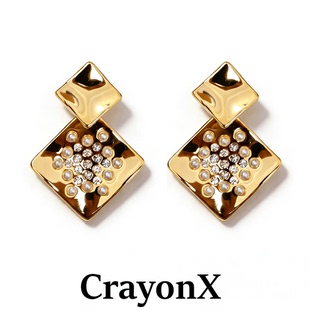 CrayonX金属风 金色方形珍珠锆石耳环女时尚高端耳饰