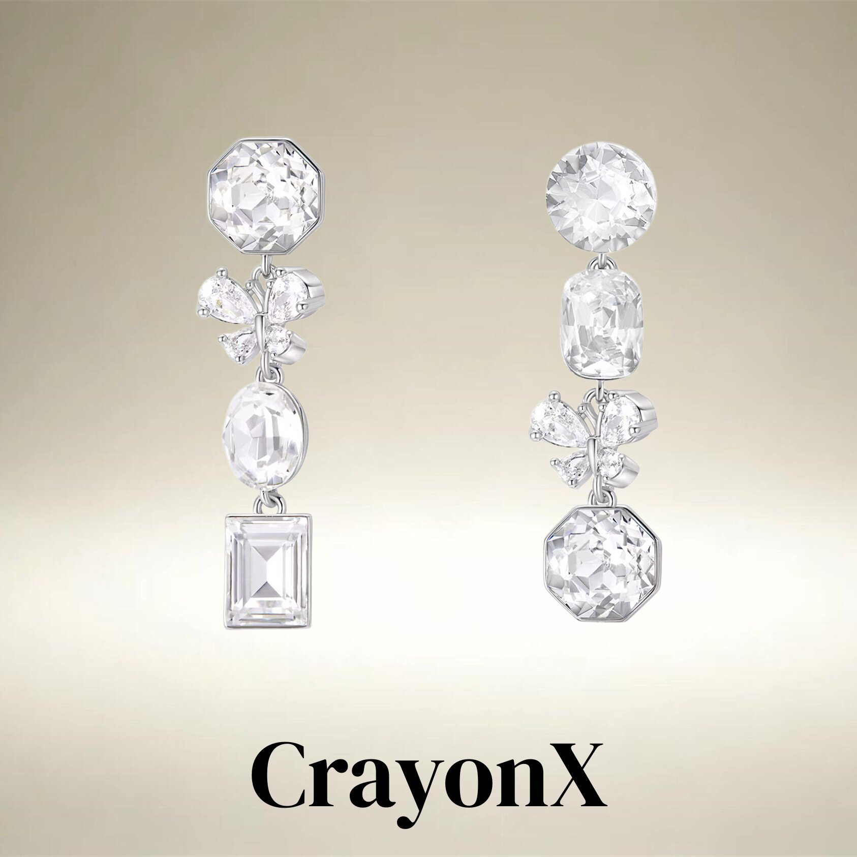 CrayonX不对称满钻水晶蝴蝶耳坠