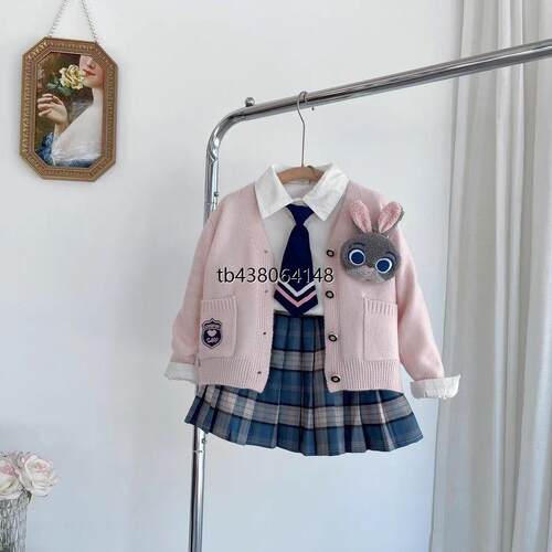 学院风jk套装女童秋冬兔子制服针织开衫白色衬衣格子百褶裙五件套